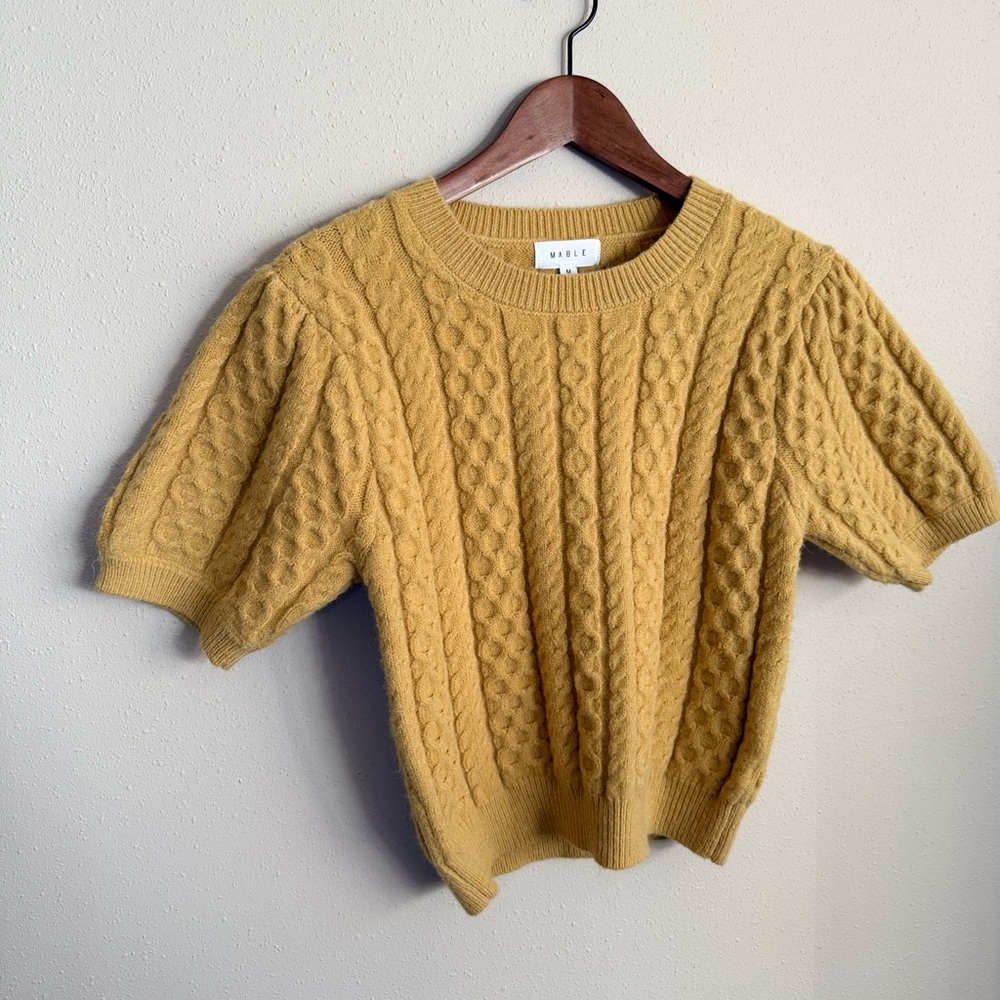 Mable Mustard Cable Knit Sweater Short Sleeve Cozy Cottagecore Medium - Picture 8 of 14